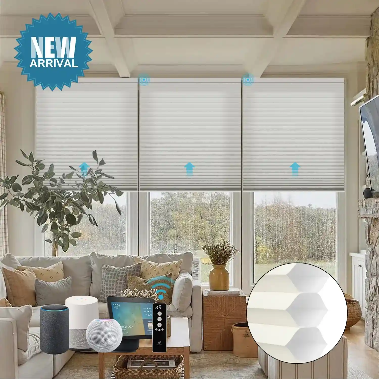 Shadesmate Motorized Light Filtering and Blackout Cellular Shades Nowa Designer Texture Helios